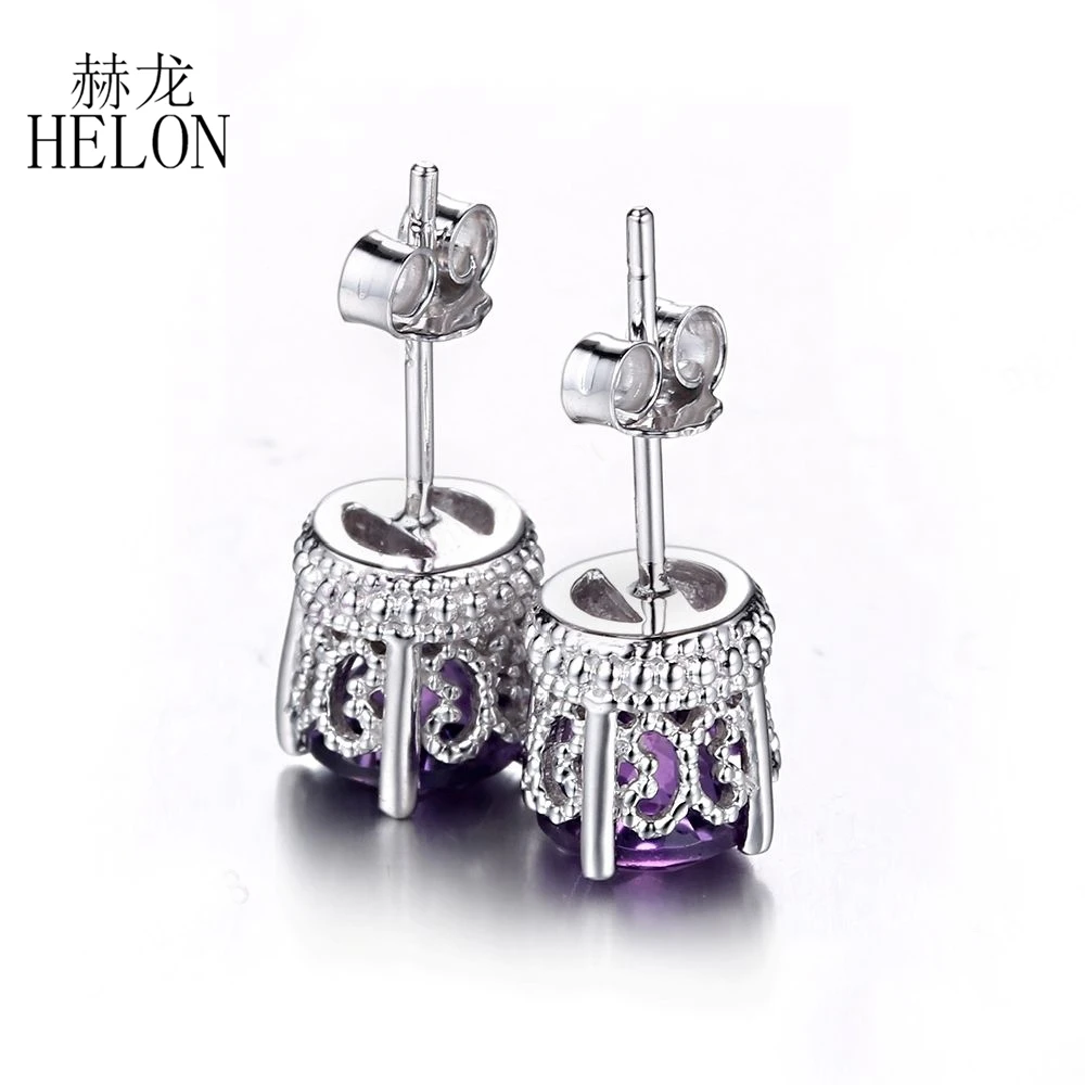 HELON 925 пробы серебряные серьги-гвоздики для женщин 6,5 мм круглые 1,6 карат натуральный аметист серьги для помолвки вечерние уникальные ювелирные изделия
