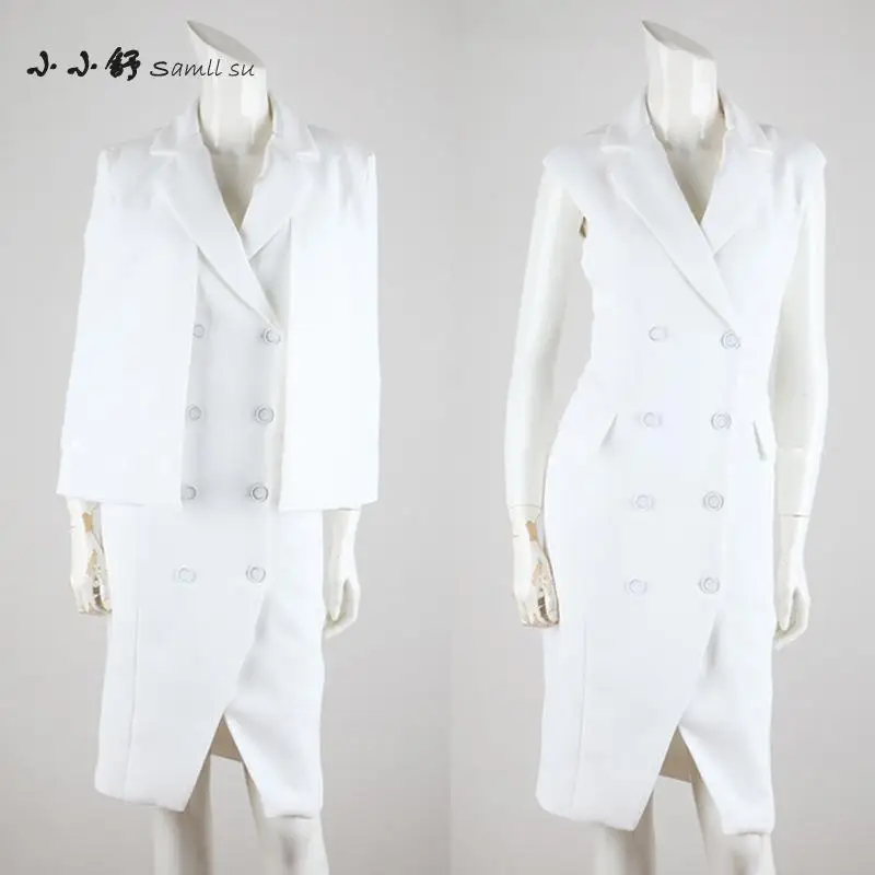 Женское осеннее белое платье-накидка без рукавов двубортное Бандажное платье на