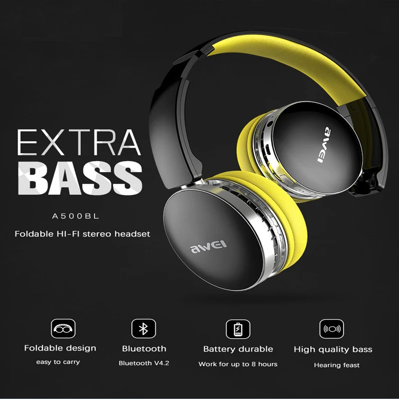 AWEI A500BL Bluetooth наушники 2 в 1 складные проводные беспроводные Bluetooth наушники спортивные наушники с микрофоном шумоподавление