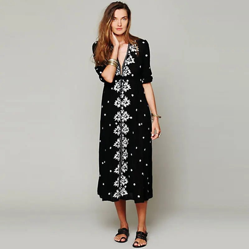 Женское богемное Платье макси с цветочной вышивкой v образным вырезом и