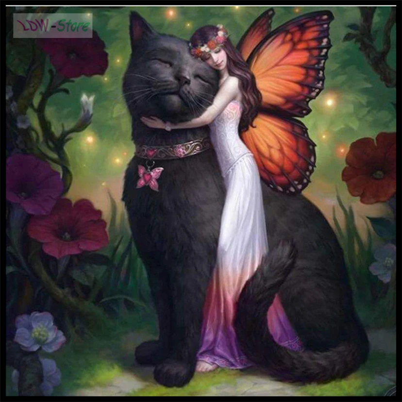 

Diamond Painting Cartoon Black cat and elf girl Diamond Mosaic Diamant Embroidery Bedroom Decoration Cross Stitch gift WG577