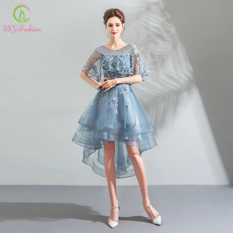 SSFashion, новинка, для банкета, элегантное, серое, синее, коктейльное платье, кружевное, с вышивкой, короткое спереди, длинное сзади, вечернее платье, Robe De Soiree