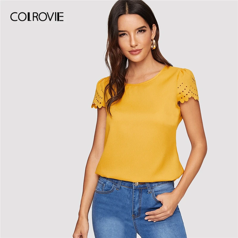 COLROVIE, желтая, гребешок, лазерная резка, короткий рукав, открытая пуговица, повседневная женская блузка, рубашка,, летняя женская блузка и топы