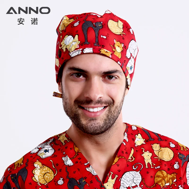 ANNO Medical caps Red Cotton Short/Long Hair Surgical Surgeon's Surgery Hat Hospital Doctor Nurse Hat Men Scrub Hats With Mask