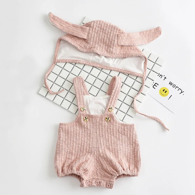 2017 одежда для маленьких девочек серый/розовый хлопковый комбинезон + шапка с