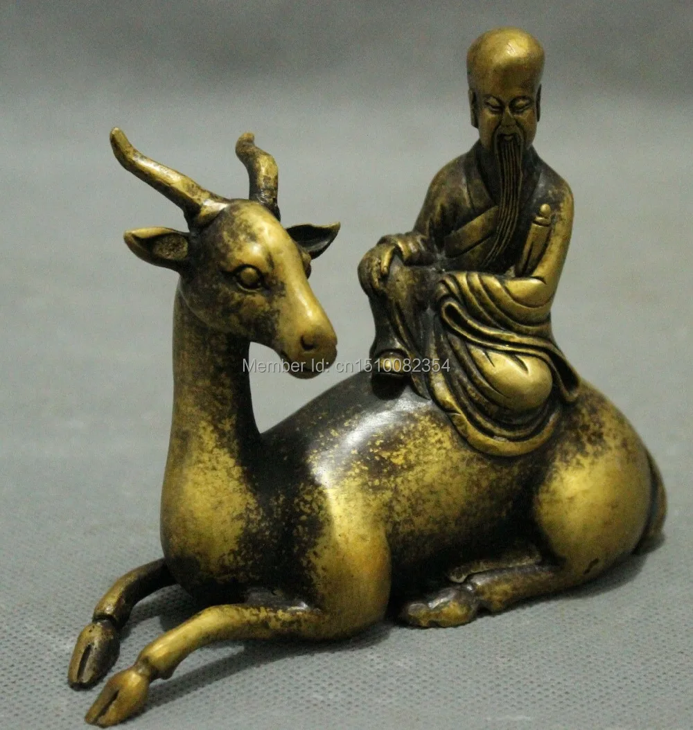 Китайский Бронзовый даосизм монах Бог долголвия даосская езда олень Joss Статуя