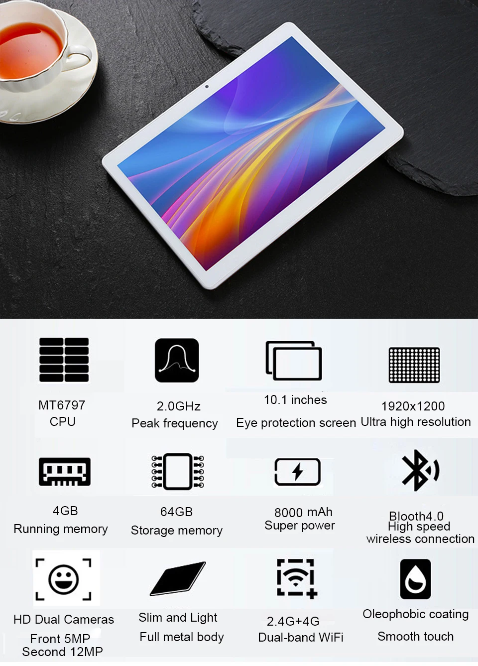 Многоязычный 4G телефон Восьмиядерный 4G+ 64G планшетный ПК Android7.0 AIE 8000mAh 1920x1200 ips экран 12MP gps Bluetooth планшеты 10,1''