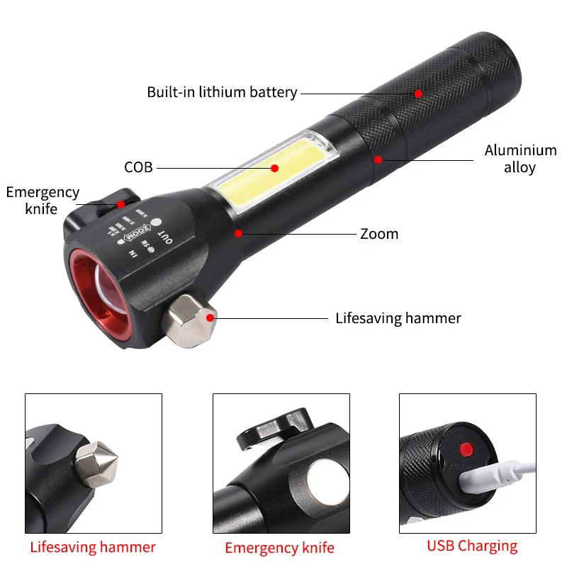 Coba T6 светодиодный фонарик cob тактический фонарь для самообороны zoom hammer knife usb