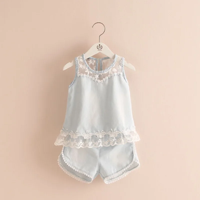 Синий Summer 2-10T Years Old Kids Baby Girls Clothes Birthday Lace Flower Patchwork Vest T Shirt+Shorts Denim Blue 2 Piece Sets - Цвет: Синий