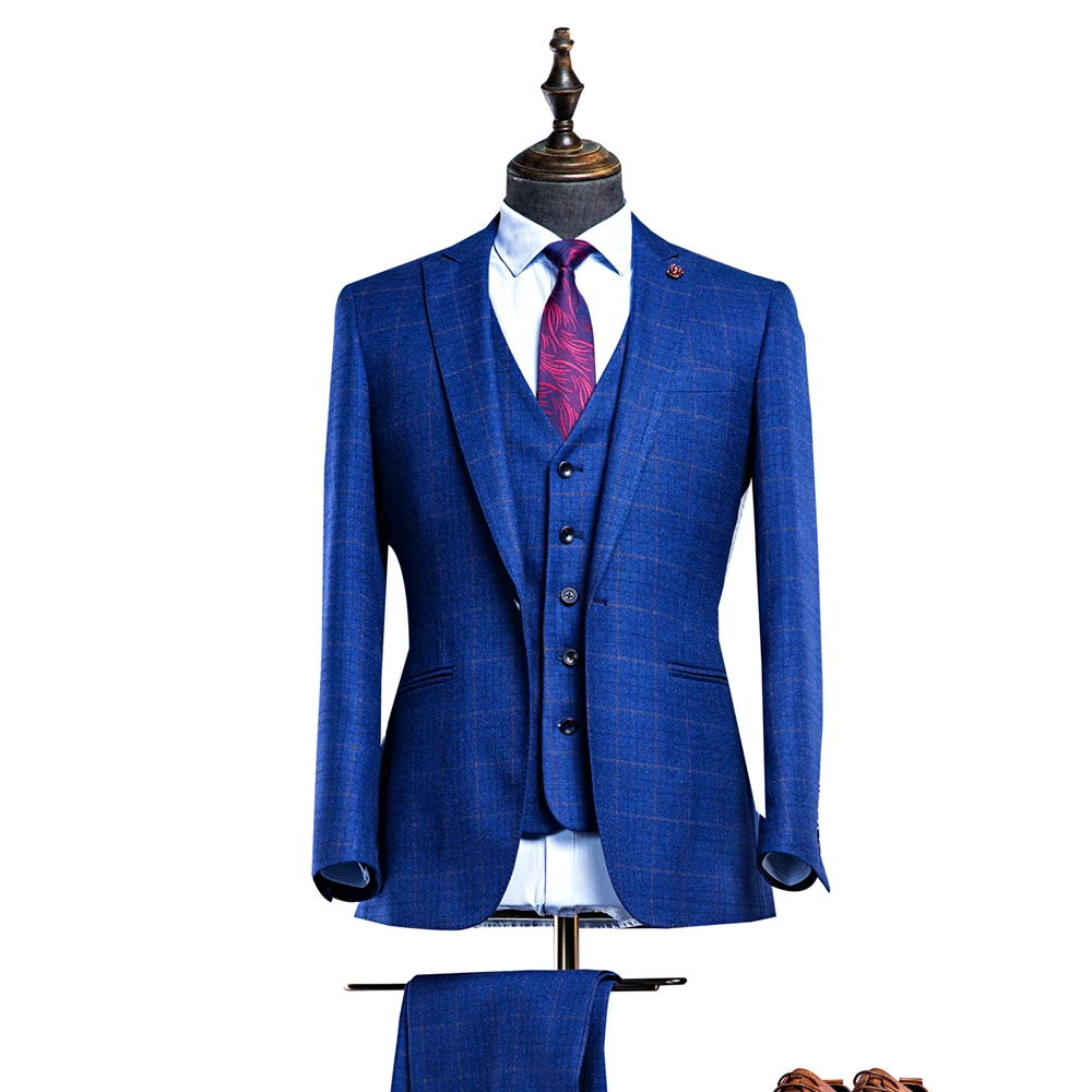 OSCN7 синий плед индивидуальный заказ костюмы Для мужчин Slim Fit Свадебная вечеринка Для мужчин s обувь, изготавливаемая на заказ, костюм модные 3 предмета костюм ZM-494 496 497 503 512