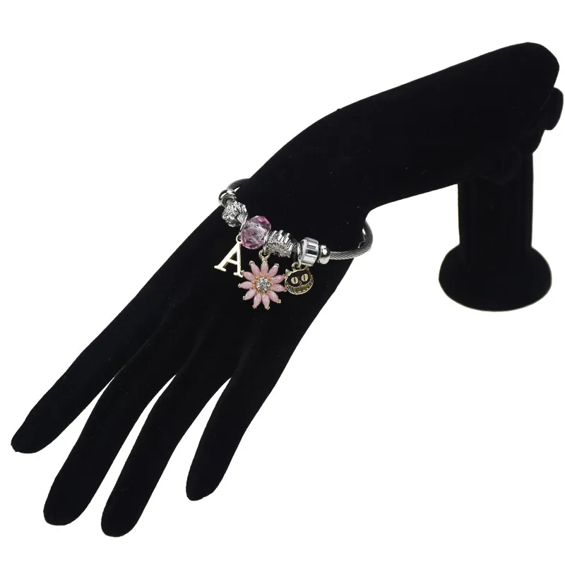 Trendy Pink Crystal Alloy Letter A Bracelets &amp Bangles Charm Flower Cat Pendant Stainless Steel Bracelet Fashion Jewelry Gift | Украшения