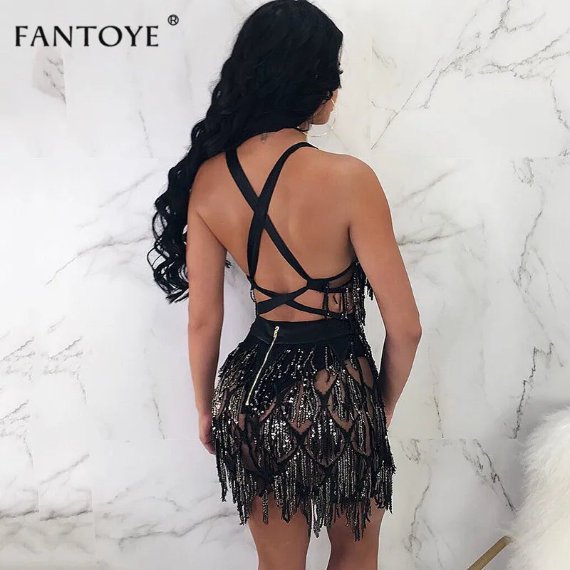 Fantoye спинки золотые блестки Bodycon платье для женщин кружево до Глубокий V средства ухода за кожей Шеи Пикантные мини клуб Рождественская повязка платья