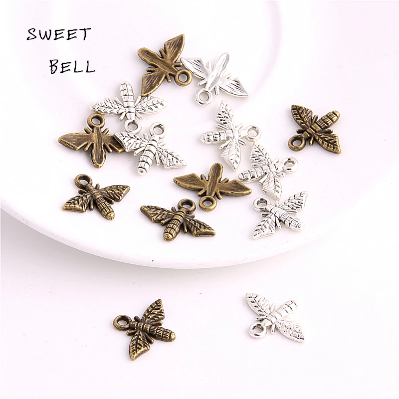 SWEET BELL 80 Pcs 14*18mm Two color metal bee charms Pendant necklace jewelry for diy jewelry making 3C455