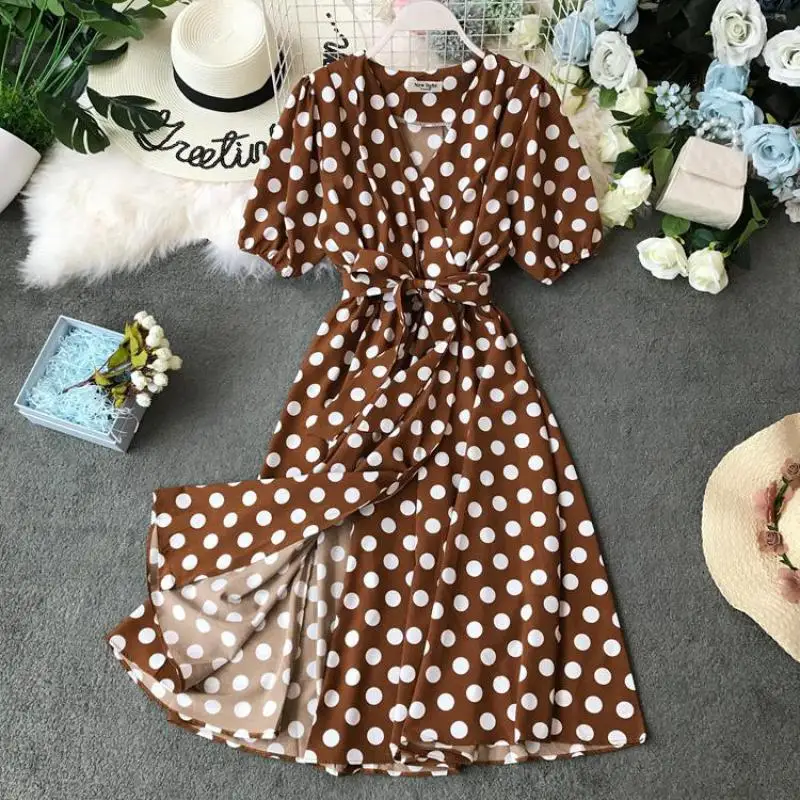 Женское пляжное платье в горошек Boho облегающее длинное Бандажное с v-образным