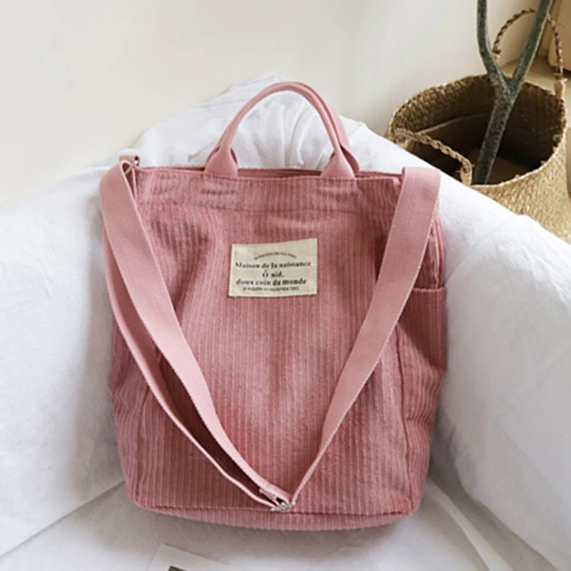 

Teenager Casual Big Tote Bag Korean Style Fashion Corduroy Big Capacity Shoulder Bag Fabric School Daily Everyday Messenger Bag