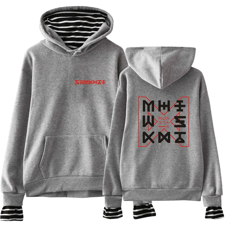 GREY Поддельные две части kpop MONSTA X Wonho YOOKIHYUN I.M jooheon свитер флис с капюшоном спортивный костюм Толстовка студентов розовые толстовки - Цвет: GREY