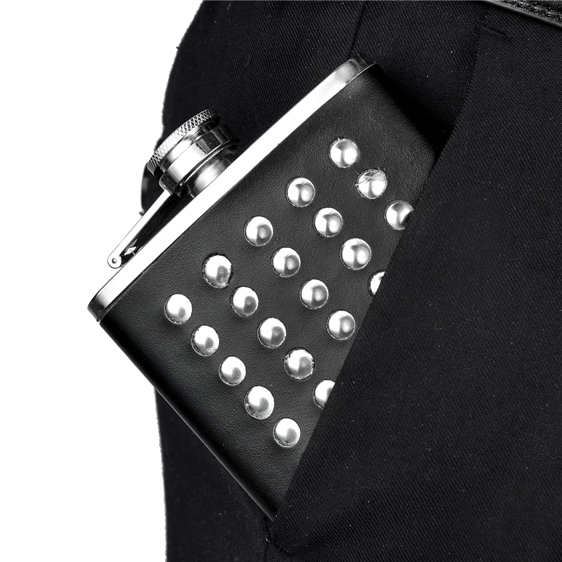Personalized Alcohol Flask 8oz Studded Design PU Leather Stainless Steel Mini Hip Camp Outdoor Portable | Дом и сад