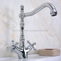 polished chrome swivel spout double handles bathroom basin faucet brass vessel sink water tap knf917