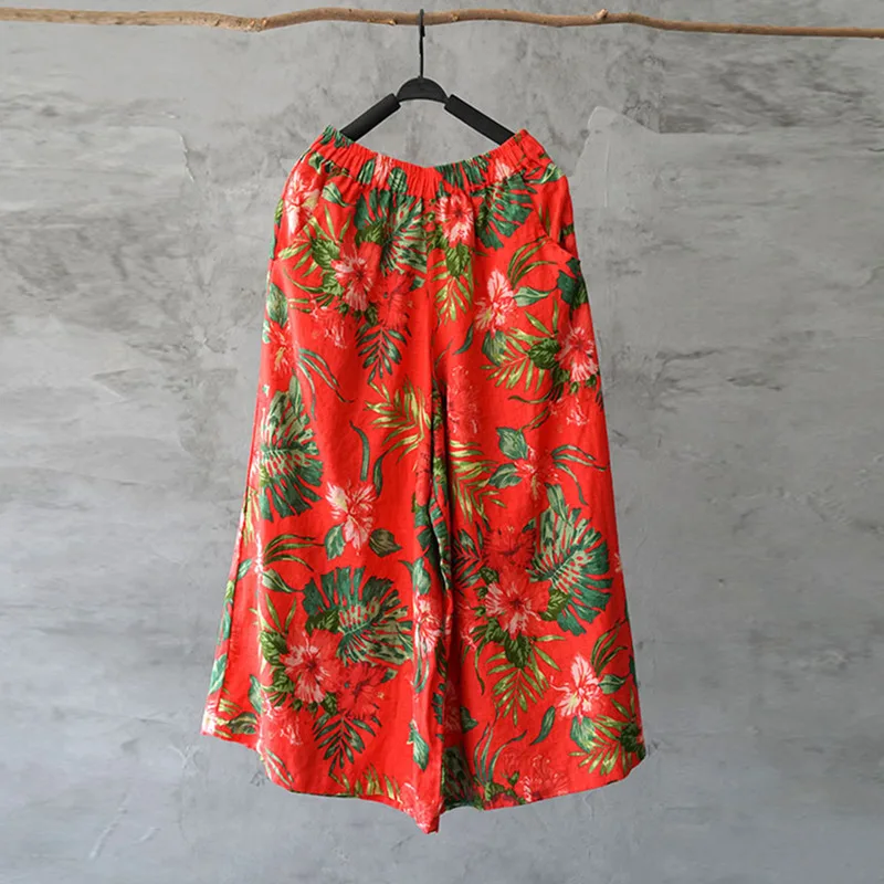 Johnature National Style Women Print Pants New Vintage Loose Fashion 2021 Spring Elastic Waist Linen Straight Calf-Length | Женская