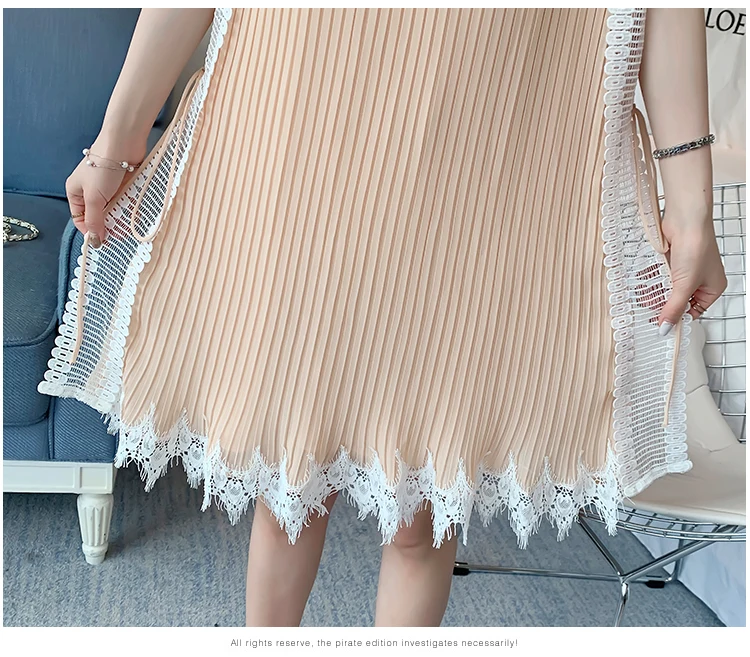 Summer Sleeveless/Long Sleeve Maternity Chiffon Pleated Dress V-neck Lace Patchwork Tassel Hem Pregnant Women Dress Sweet