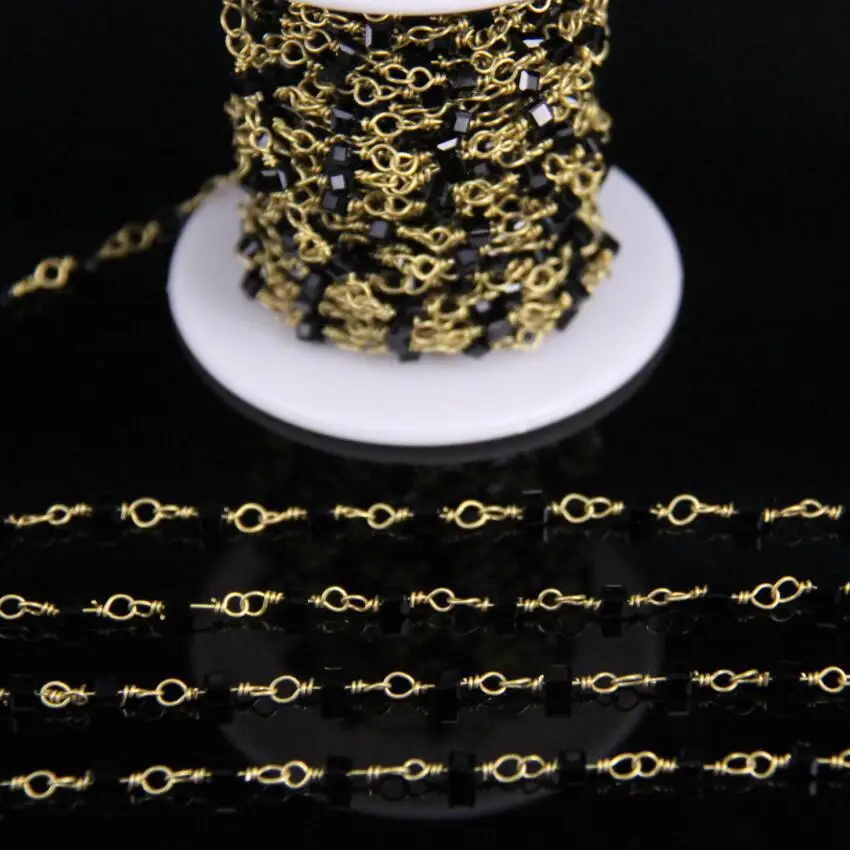 

3mm Black Glass Crystal Square Beaded Chain,Faceted Onyx Gems Link Brass Wire Wrapped Rosary Chain,Women Sweater Chain