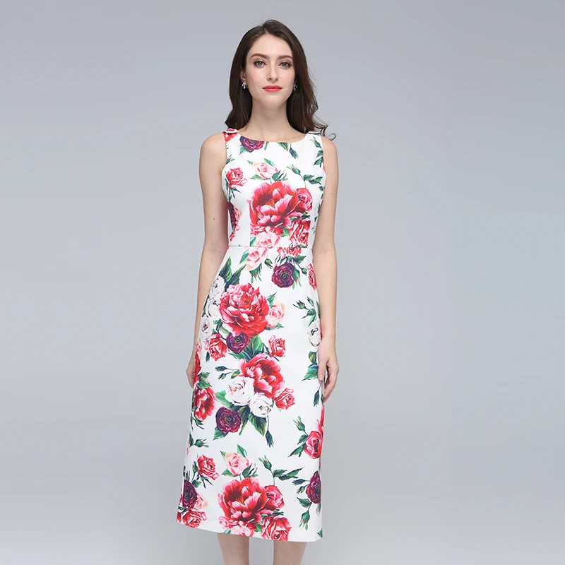 2018 Summer New Arrival Fashion O-Neck Sleeveless Tank Button Flower Print A-Line Best Quality Mid-Calf Dress Women