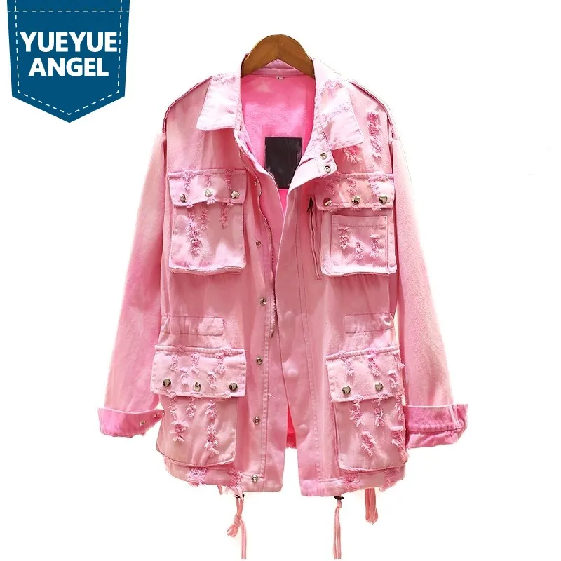

Sweet Pink Girl Autumn Denim Coat Female Big Pockets New Top Zip Loose Fit Casual Womens Jeans Jacket Ripped Chaqueta Mujer