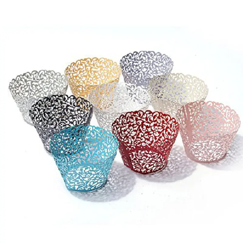 

50PCS Pink Vine Lace Cup Cake Box White Cut Paper Wedding Cupcake Liner Baking Cup Wrappers Birthday Party Favor Decorations