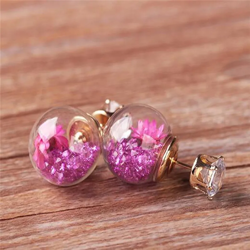 Charm Women Elegant Dried Flower Rhinestone Ball Ear Studs Earrings Gift Pink Purple Blue Floating Earring For | Украшения и