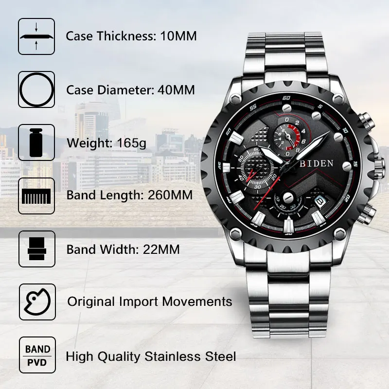 BIDEN Watch Men Fashion Sport Quartz Clock Mens Watches Top Brand Luxury Full Steel Business Waterproof Relogio Masculino | Наручные часы