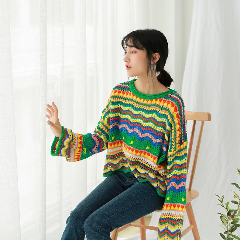 2018 Korean New Autumn Winter Sweaters Woman Vintage Hit Color Stripe Loose Pullover Sweater Female Casual Jumpers | Женская одежда