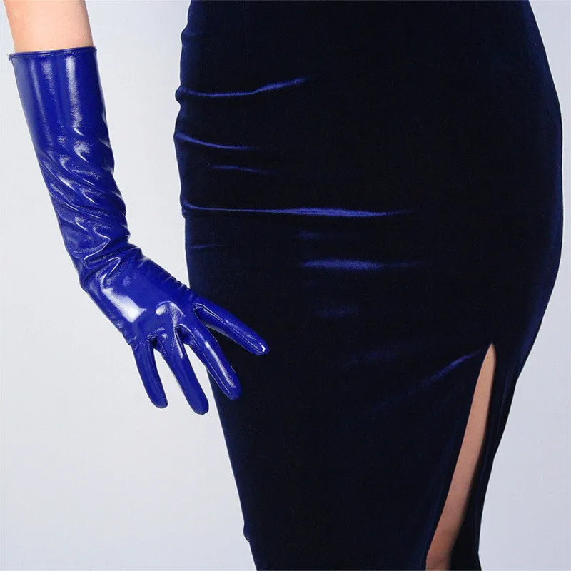 Patent leather blue Женские лакированные кожаные перчатки длинные ПУ имитация кожи Яркие Кожаные зеркальные Модные женские модели 40 см TB77 - Цвет: Patent leather blue