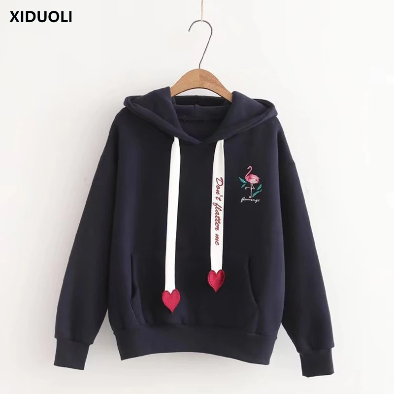XIDUOLI 2018 осень зима новый плюс бархатный вышитый кран Любовь Кружева Толстовка