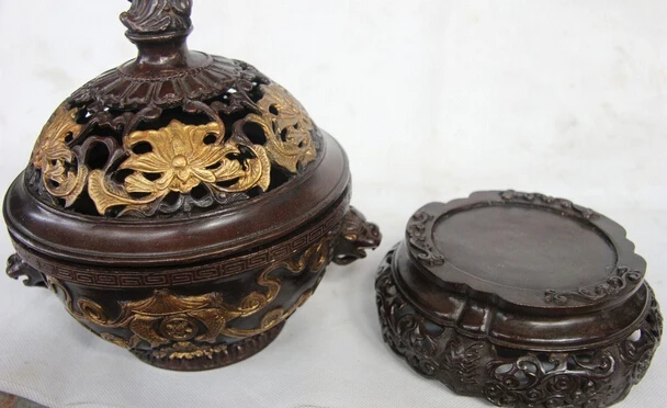 Elegant old S1312 China Old Bronze Copper Carved Eight treasures Dragon Head Incense Burner Censer statue | Дом и сад