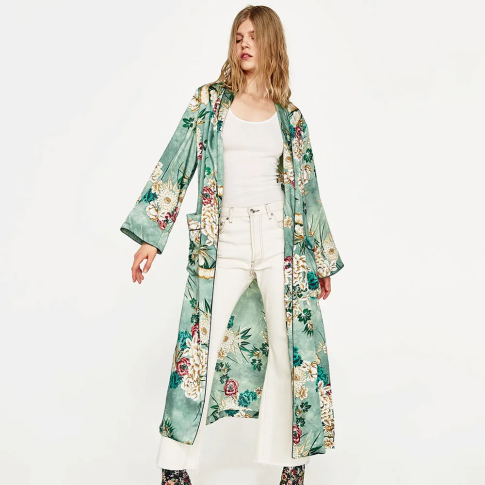 

2021 Women Retro Floral Print Long Kimono Coat Jacket Long Sleeve Cardigan Maxi Shawl Tops With Belt Green