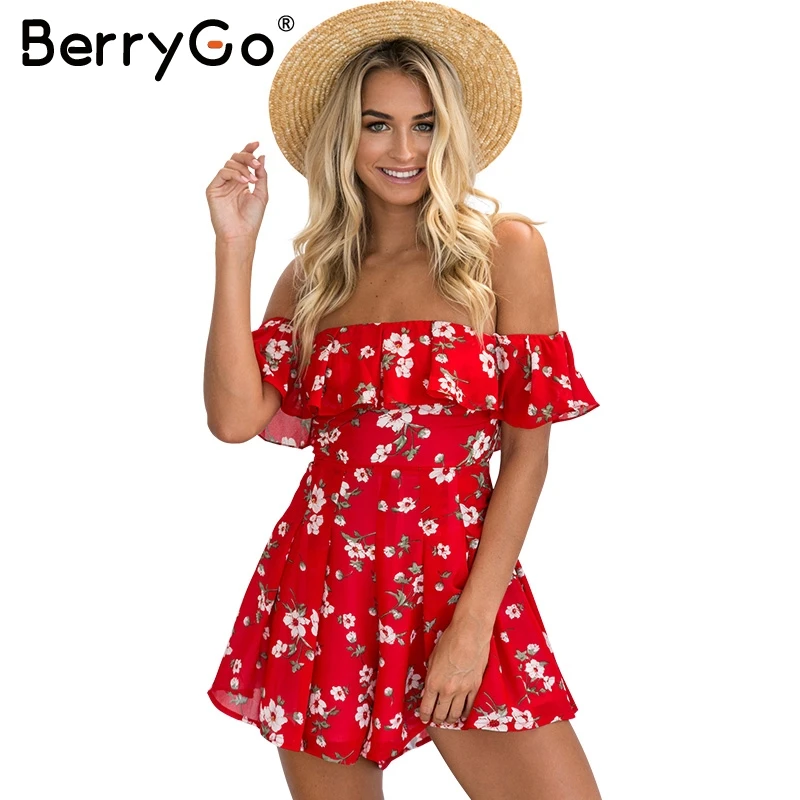 BerryGo оборки открытые плечи печати комбинезон Ползунки Женская высокая талия