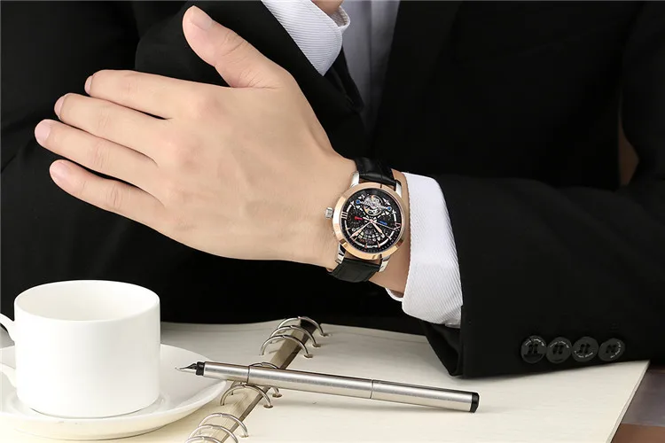 Новая мода 3D Видимый полый циферблат Мужские Tourbillon часы Авто самообветренные