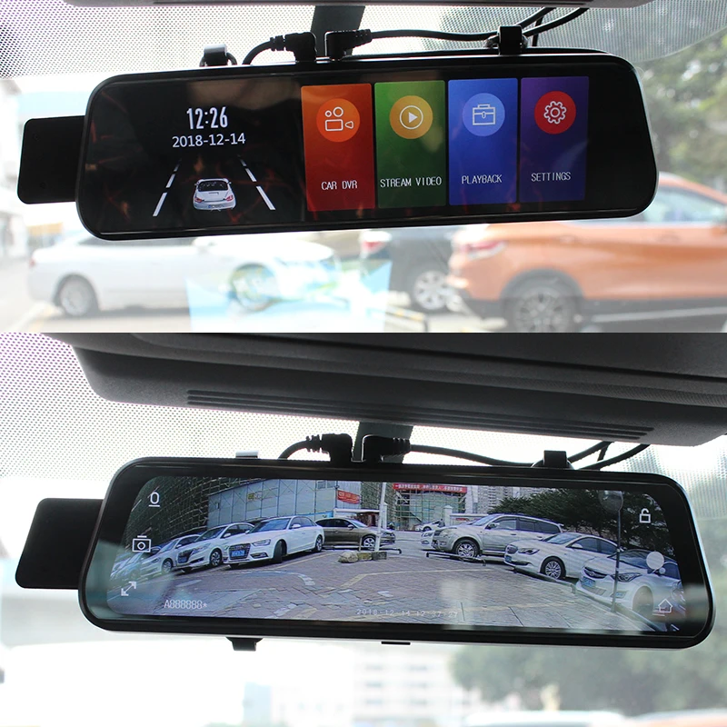 Автомобильный видеорегистратор с зеркальным монитором на сенсорном IPS-экране 9,68 дюймов разрешением 1920*1080P и двумя камерами с ночным видением Starlight для записи видео сзади и спереди.