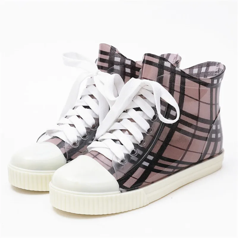 Обувь Женщина 2016 Осень Резиновые Круглого Toe Красный Плед Шнуровке Лодыжки Дождь