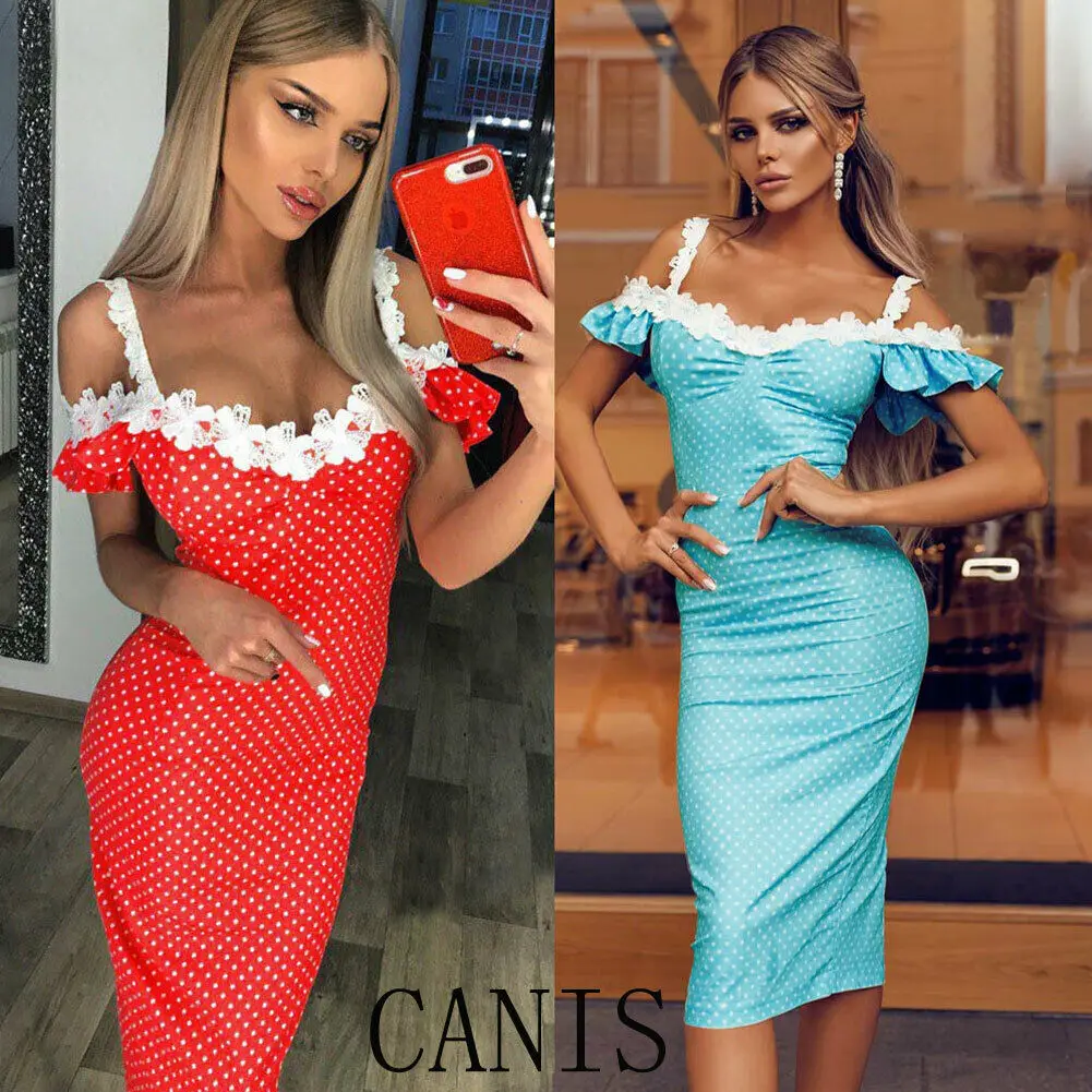 Женское кружевное платье средней длины с принтом в горошек летнее пляжное