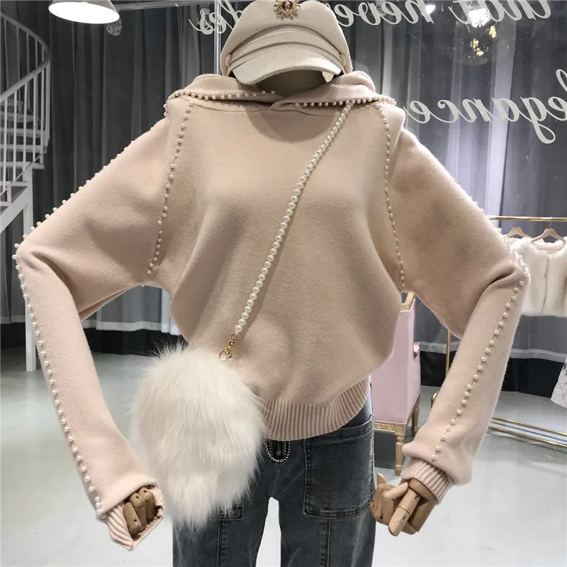 Женский свитер с капюшоном ALPHALMODA длинными рукавами и жемчужинами Осенний