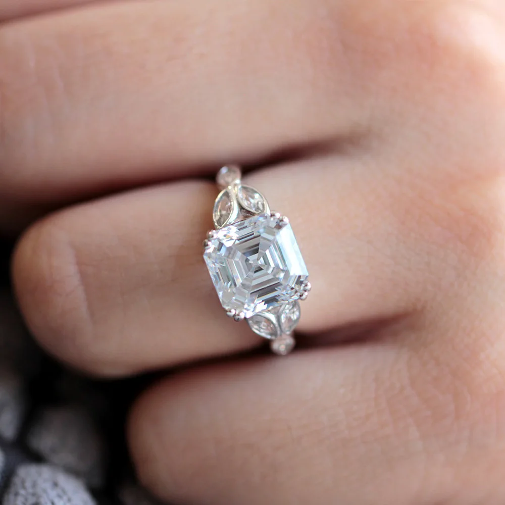 Asscher Cut 14k White Gold 3ctw DF Engagement Wedding Lab Grown Moissanite Diamond Halo Ring Test Positive | Украшения и