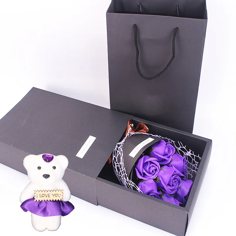 Purple Имитация 7 мыльных цветов, пенопластовый цветок розы, подарок с коробкой, маленький букет роз для женщин на День святого Валентина, креативный подарок медведя PE - Цвет: Purple