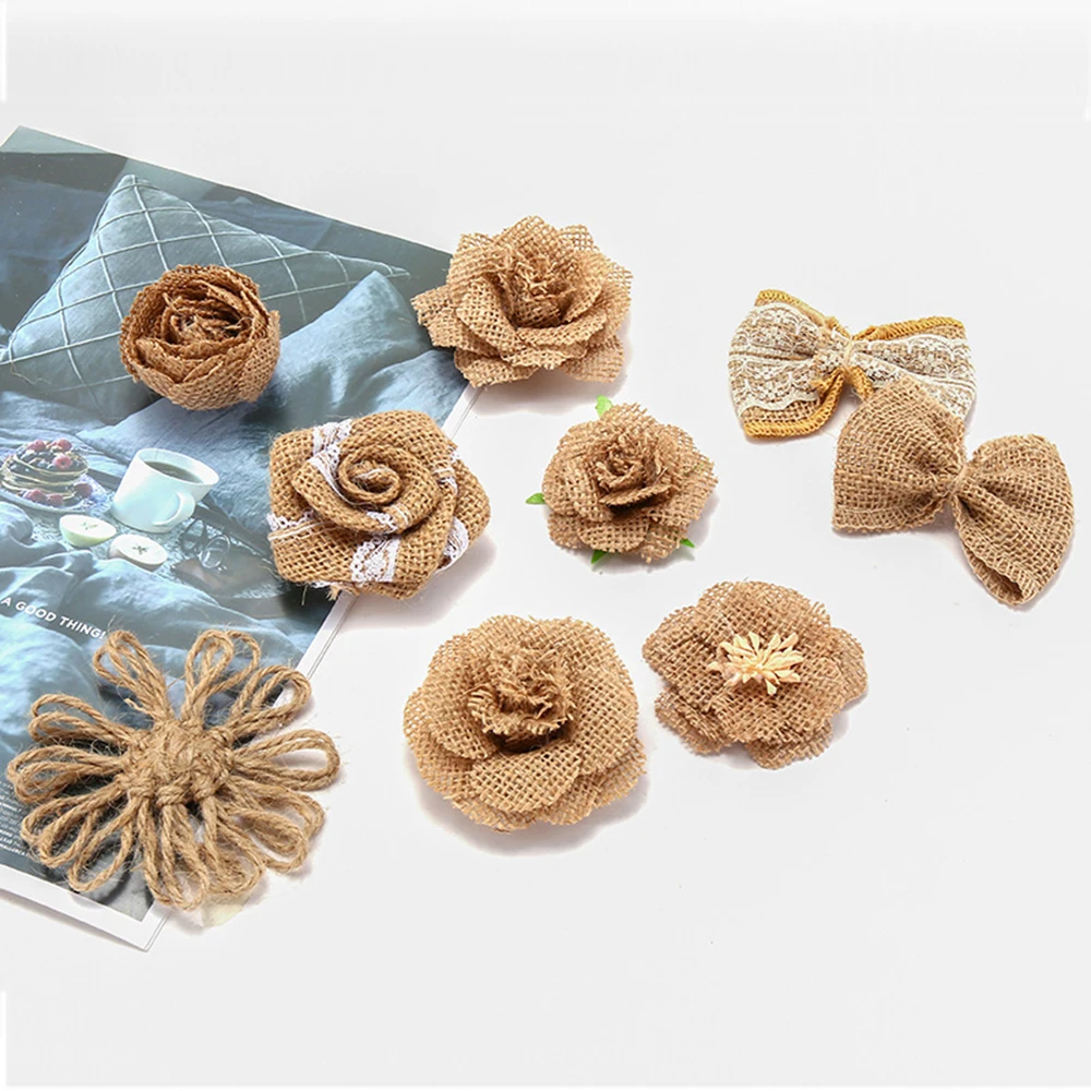 Wedding Party Decoration Craft Delicate Vintage Hessian Jute Hat Rose Beauty Flower 9 pcs Burlap DIY |