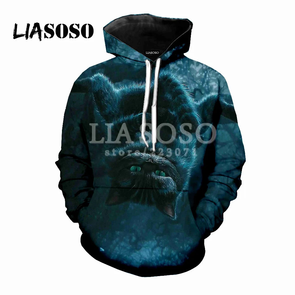 LIASOSO, осенняя Новинка, мужская, женская модная толстовка, 3D принт, Чеширский кот, толстовка, Harajuku, длинный рукав, милый топ, Повседневный пуловер, M054