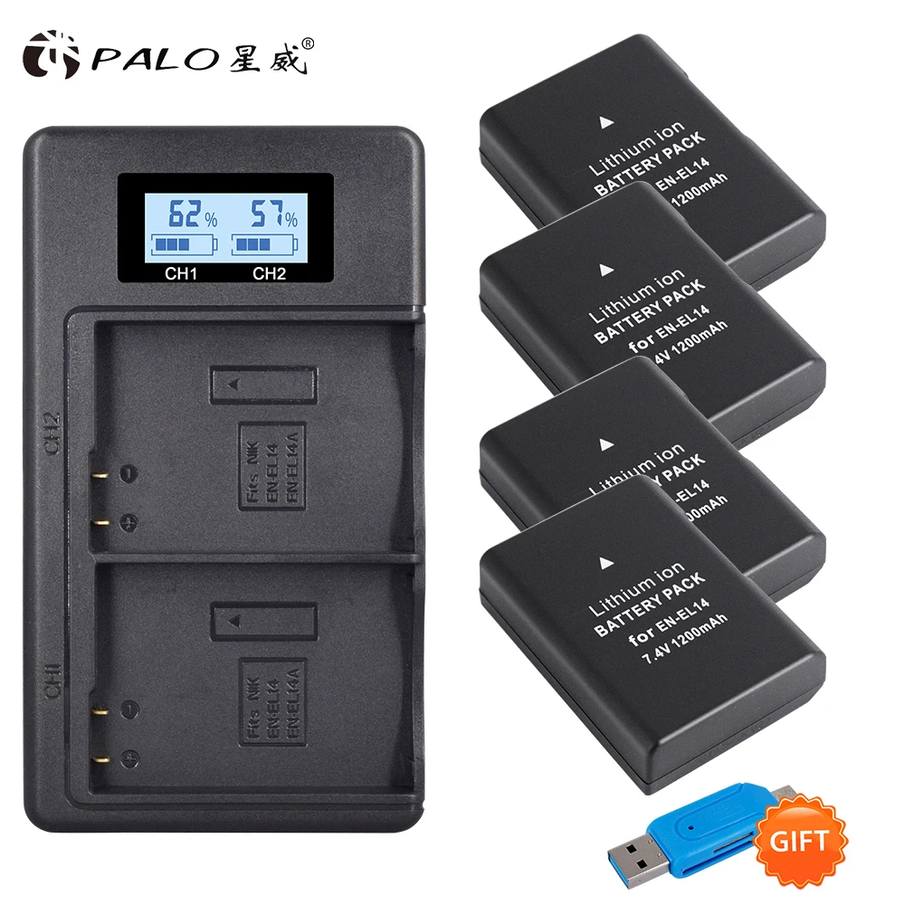 

Palo 4 pcs EN-EL14 Camera Battery + LCD Display Battery Charger USB Dual charger for Nikon P7100,P7700 D3100, D5100,D5200, D5300