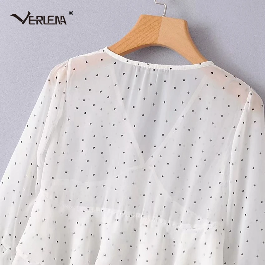 Verlena 2018 шифоновая блузка в горошек двухслойная белая рубашка с длинными рукавами