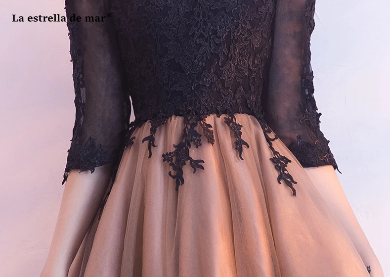 Vestidos mujer, коктейльное платье, черпак, воротник-хомут, кружево, половина рукава, черное, золотое, простроченное, коктейльное платье, длина до середины икры, платье для выпускного вечера