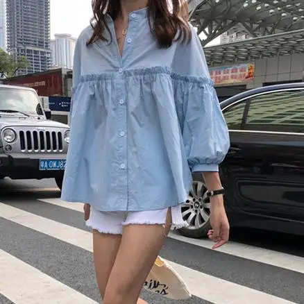 Рубашка женская однотонная голубая милая Свободная Повседневная блузка с