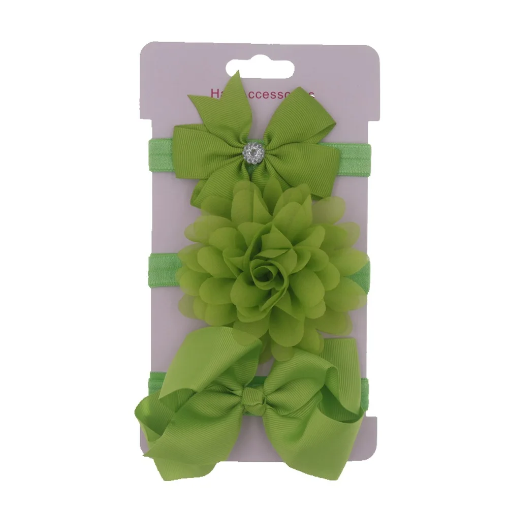 green Nishine/3 шт./лот; бант из ленты; шифоновая повязка на голову с цветочным узором для маленьких девочек; милые детские ленты для волос с бантом; комплект головных уборов; реквизит для фотосессии - Цвет: green